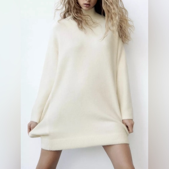 Zara Wool Blend Turtleneck Mini Knit Dress In Oyster White Size Large - Picture 9 of 9